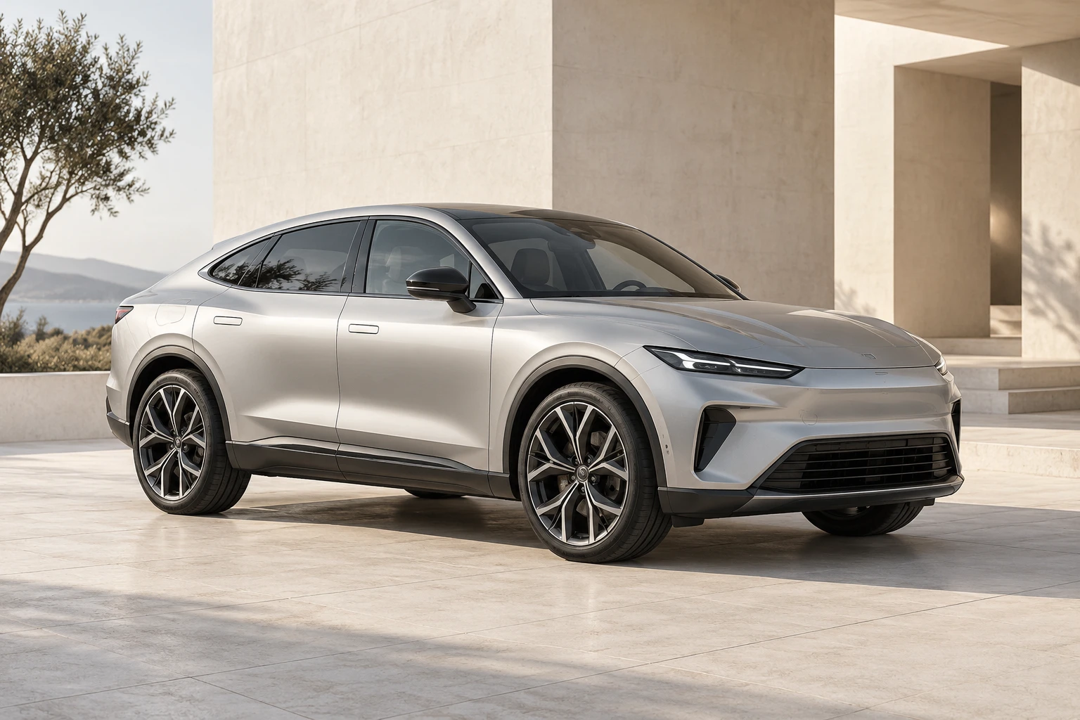 아이보리 건축물 앞의 새틴 실버 SUV 콘셉트